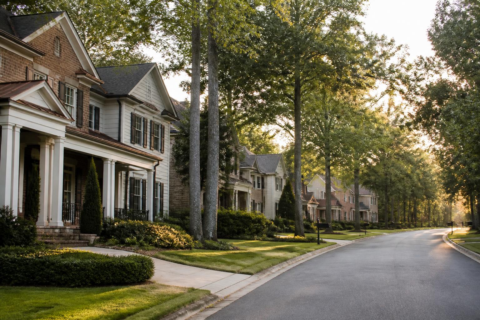 Tree-lined street of established brick and siding homes in a North Metro Atlanta neighborhood