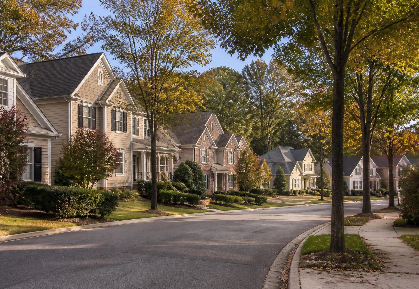 Tree-lined North Fulton residential street with detached homes and mature landscaping